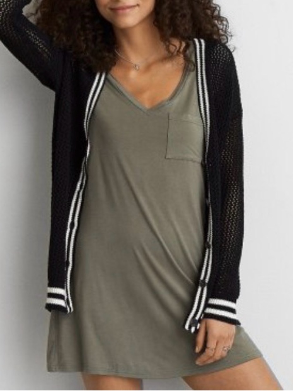 American Eagle Outfitters Black Open-Weave Knit Cardigan with White Stripe Trim